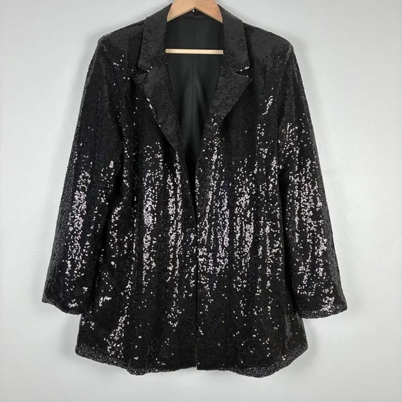 Cupshe XL Black Sequin Open Front Jacket Long Sleeve Collared Glam Party Shimmer - Picture 1 of 11